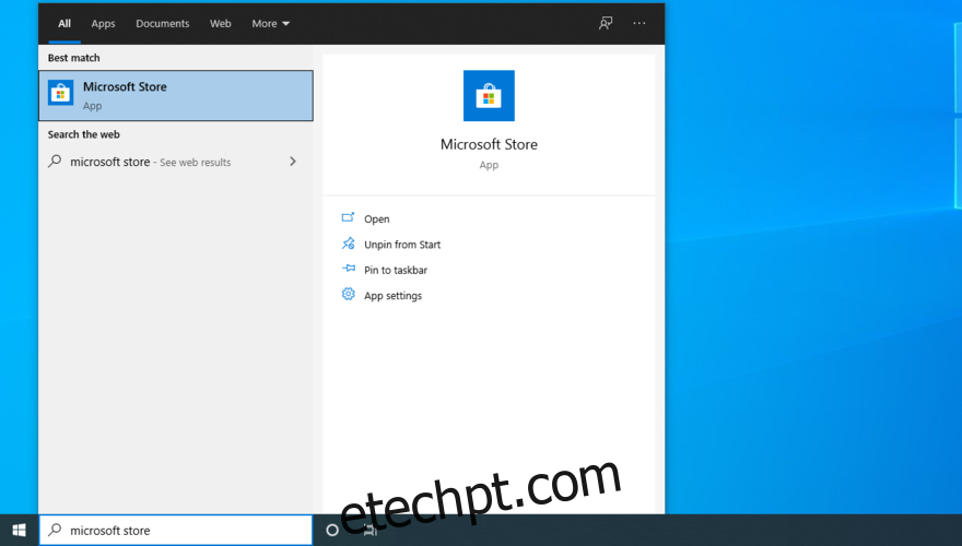O Windows 10 mostra como acessar a Microsoft Store a partir do menu Iniciar