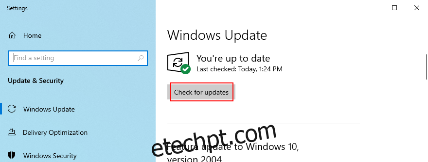 O Windows 10 mostra como verificar se há atualizações
