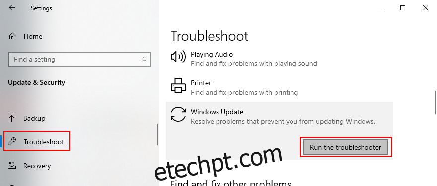 O Windows 10 mostra como executar o solucionador de problemas do Windows Update