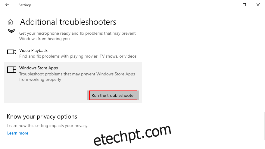 como executar o solucionador de problemas de aplicativos da Windows Store