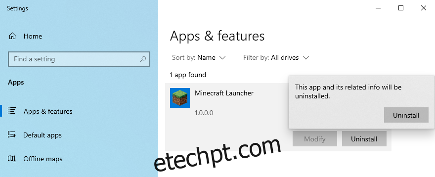 O Windows 10 mostra como desinstalar o Minecraft Launcher