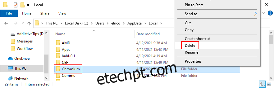 O Windows Explorer mostra como excluir o cache do Chromium
