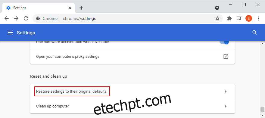 O Google Chrome mostra como acessar a opção de restaurar as configurações do navegador para o padrão