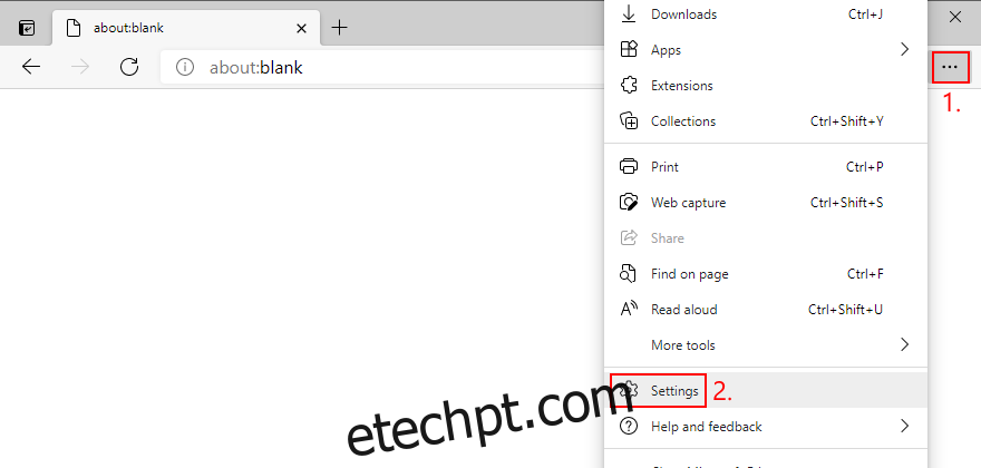 O Microsoft Edge mostra como acessar o menu Configurações