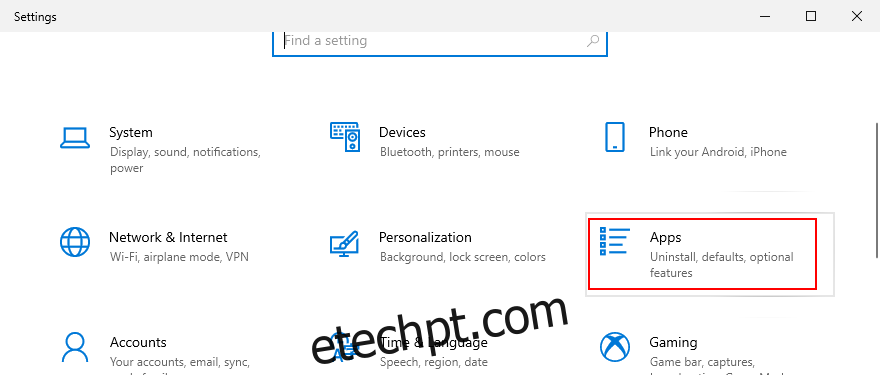 O Windows 10 mostra como acessar os aplicativos na área de configurações