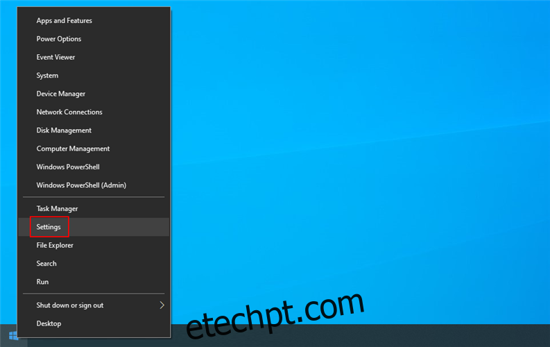O Windows 10 mostra como acessar as configurações no menu Iniciar do botão direito
