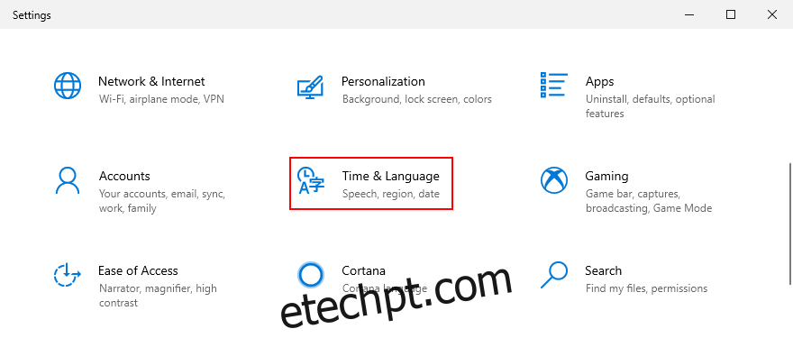 O Windows 10 mostra como acessar as configurações de horário e idioma