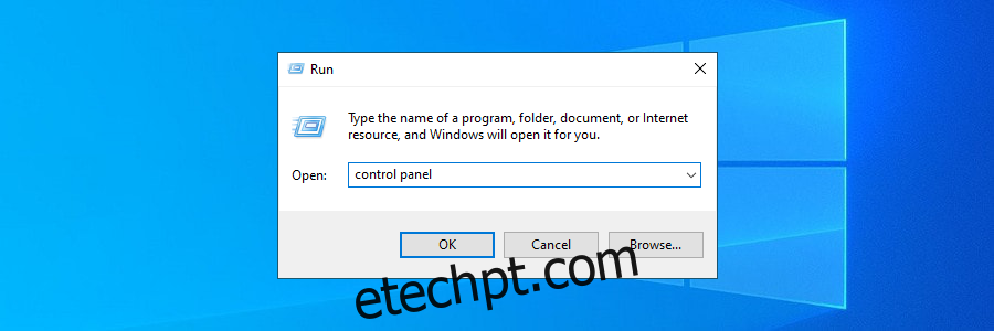 O Windows 10 mostra como acessar o Painel de Controle usando a ferramenta Executar