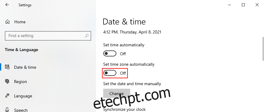 O Windows 10 mostra como desativar o fuso horário automático