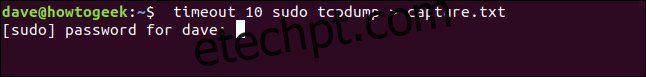 tempo limite 10 sudo tcpdump> capture.txt em uma janela de terminal ”largura =” 646 ″ altura = ”77 ″ onload =” pagespeed.lazyLoadImages.loadIfVisibleAndMaybeBeacon (this); ”  onerror = ”this.onerror = null; pagespeed.lazyLoadImages.loadIfVisibleAndMaybeBeacon (this);”> </p>
<p> (tcpdump tem suas próprias opções para salvar o tráfego de rede capturado em um arquivo. Este é um hack rápido porque nós ‘ estamos discutindo o tempo limite, não o tcpdump.) </p>
<p> O tcpdump começa a capturar o tráfego da rede e esperamos 10 segundos.  E 10 segundos vão e vêm e o tcpdump ainda está em execução e o capture.txt ainda está crescendo em tamanho.  Vai demorar um Ctrl + C apressado para parar o tcpdump. </p>
<p> Verificar o tamanho de capture.txt com ls mostra que ele cresceu para 209K em questão de segundos.  Esse arquivo estava crescendo rapidamente! </p>
<pre> ls -lh capture.txt </pre>
<p> <img src =