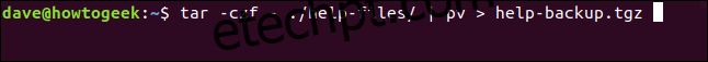 tar -czf - ./help-files/ |  pv> help-files.tgz em uma janela de terminal ”largura =” 646 ″ altura = ”57 ″ onload =” pagespeed.lazyLoadImages.loadIfVisibleAndMaybeBeacon (this); ”  onerror = ”this.onerror = null; pagespeed.lazyLoadImages.loadIfVisibleAndMaybeBeacon (this);”> </p>
<p> Obtemos os mesmos indicadores de progresso de antes, e o arquivo é criado para nós. </p>
<p> < p> <img src =