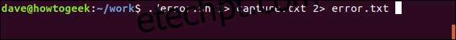 ./error.sh 1> capture.txt 2> error.txt em uma janela de terminal ”largura =” 646 ″ altura = ”57 ″ onload =” pagespeed.lazyLoadImages.loadIfVisibleAndMaybeBeacon (this); ”  onerror = ”this.onerror = null; pagespeed.lazyLoadImages.loadIfVisibleAndMaybeBeacon (this);”> </p>
<p> Como ambos os fluxos de saída – saída padrão e erro padrão – são redirecionados para arquivos, não há saída visível em a janela do terminal.  Voltamos ao prompt da linha de comando como se nada tivesse acontecido. </p>
<p> <img src =