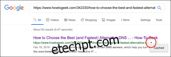 Clique na seta voltada para baixo ao lado do endereço da web nos resultados de pesquisa do Google e clique em 