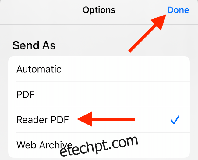 Selecione a opção de PDF desejada e toque em 
