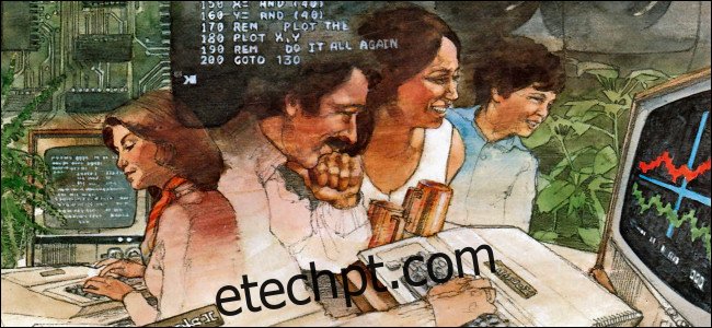 Uma ilustração de pessoas usando computadores Apple II da 