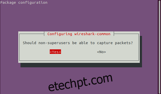 A tela de opções que permite que usuários não root executem o Wireshark, com 