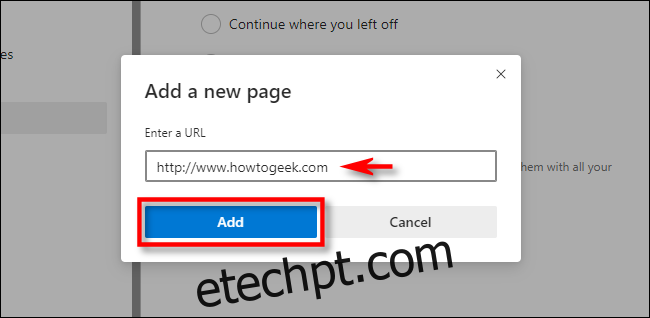 Em Configurações do Edge, insira um endereço de site e clique em 