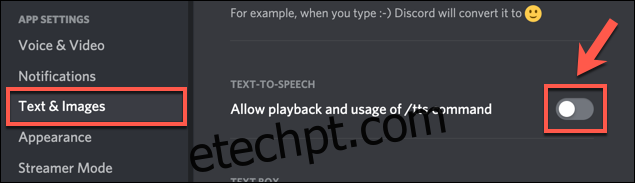 Para desabilitar todas as mensagens TTS no Discord, clique no botão 