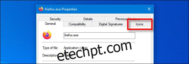 Na janela Propriedades do EXE no Windows 10, clique no ícone especial IconViewer 
