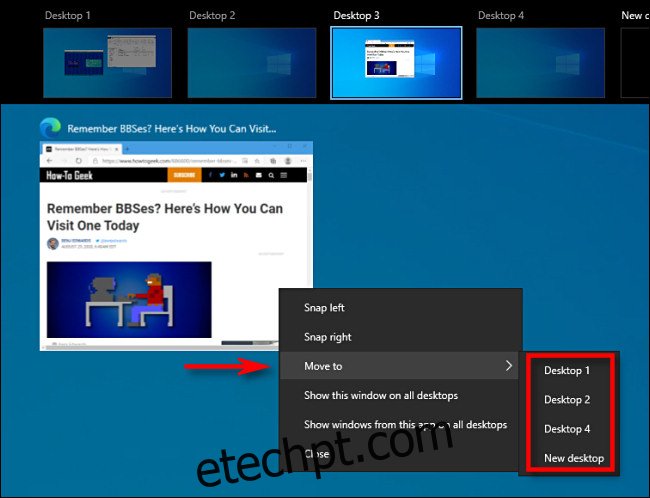 Na exibição de tarefas no Windows 10, clique com o botão direito do mouse em uma miniatura da janela e selecione 