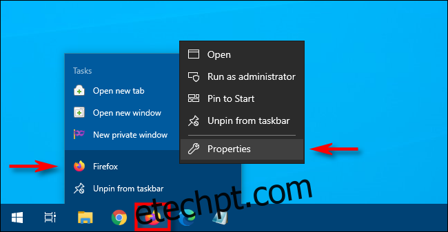 No Windows 10, clique com o botão direito do mouse no ícone da barra de tarefas, clique com o botão direito do mouse no atalho e selecione 
