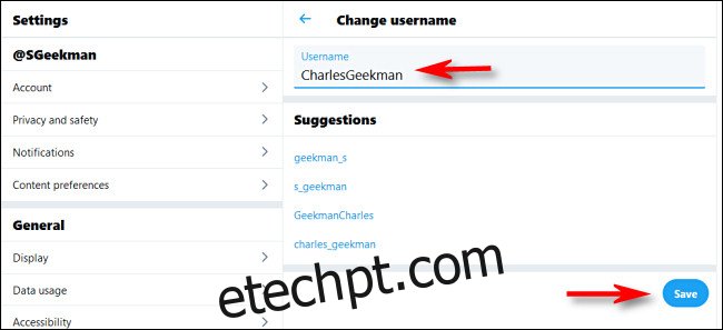 No Twitter na Web, digite o novo nome de usuário e clique em 