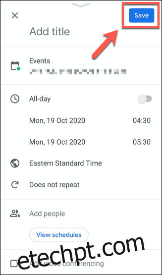 Salve um evento do Google Agenda tocando no 