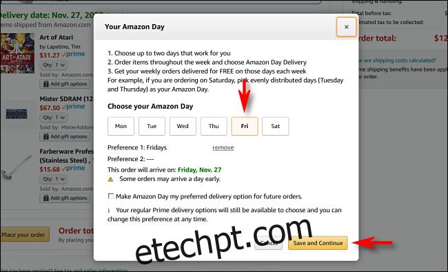 Selecione seus um ou dois dias de entrega do Amazon Day e clique ou toque 