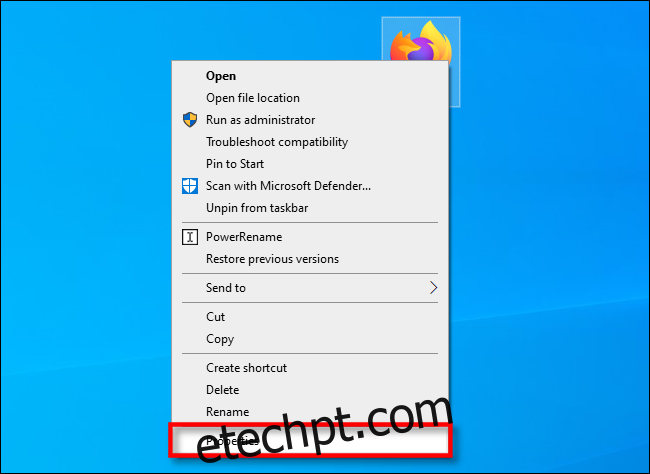 No Windows 10, clique com o botão direito do mouse em um atalho da área de trabalho e selecione 