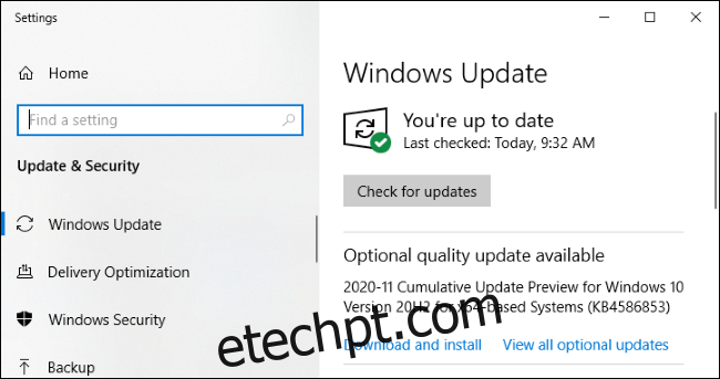 Windows Update mostrando um 