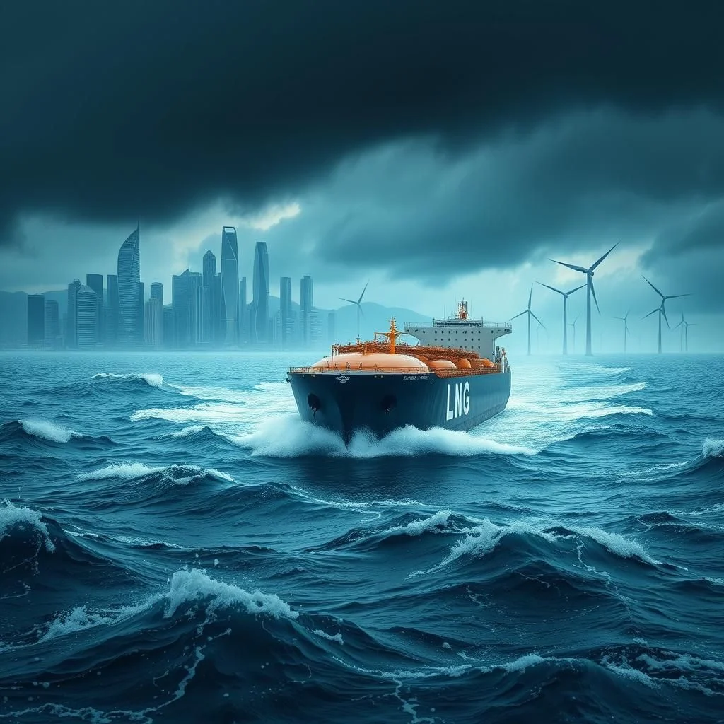 Um navio metaneiro navegando em águas turbulentas com uma cidade e turbinas eólicas ao fundo sob um céu nublado.