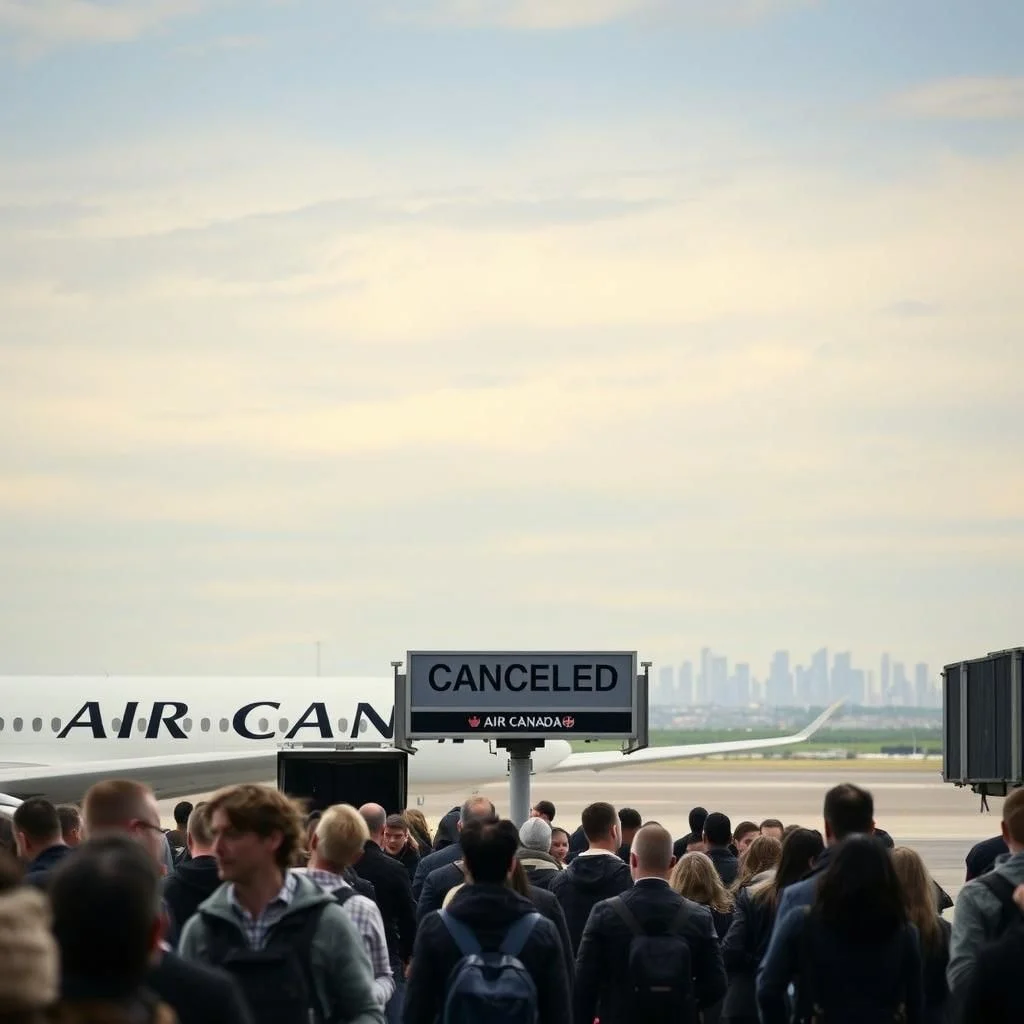 Um grande grupo de passageiros está de pé do lado de fora de um avião da Air Canada com um letreiro luminoso indicando "CANCELADO" sobre um fundo de céu nublado e uma linha de horizonte de arranha-céus distantes.