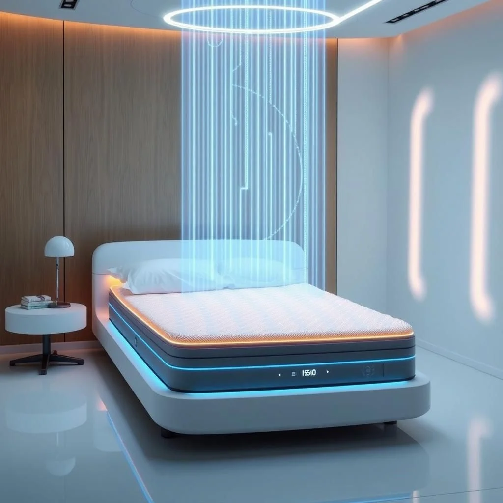 Um quarto de alta tecnologia com uma cama futurista e luzes de néon azuis e laranjas.